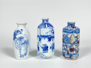 Three Blue and White Porcelain Snuff Bottles