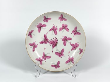 Chinese Rouge-Enameled 'Hunderd Buttlerfly' Porcelain Plate,  Yongzheng Marks