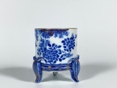 A Small Gilt Blue and White Porcelain Tripod Censer
