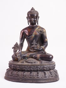 Chinese Gilt Bronze Seated Medicine Buddha with Inlaid Gemstone Decoration, 19th Century
