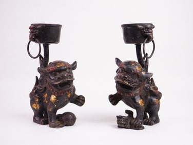 Pair of Chinese Gilt Bronze Foo Dog Candlesticks, 19th Century