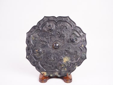 Antique Chinese Bronze 'Phoenix' Mirror with Wood Stand