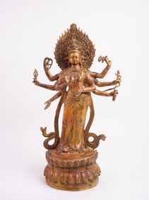Chinese Gilt Bronze Figure of 8 Arms Kwan-Yin Boddhisattva with Marks