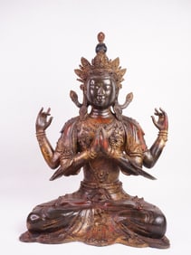 Chinese Gilt Bronze Seated Figure of 4 Arms Avalokiteshvara