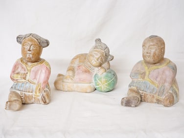 Lot of 3 Vintage South Asian Hand Painted Carved Wood Figures of Children