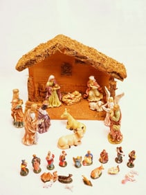 Group of Vintage Nativity Set Christmas Figures With Wooden Stable