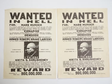 Lot of 2 "Wanted In Hell" Khrushchev Posters, 1950s.
