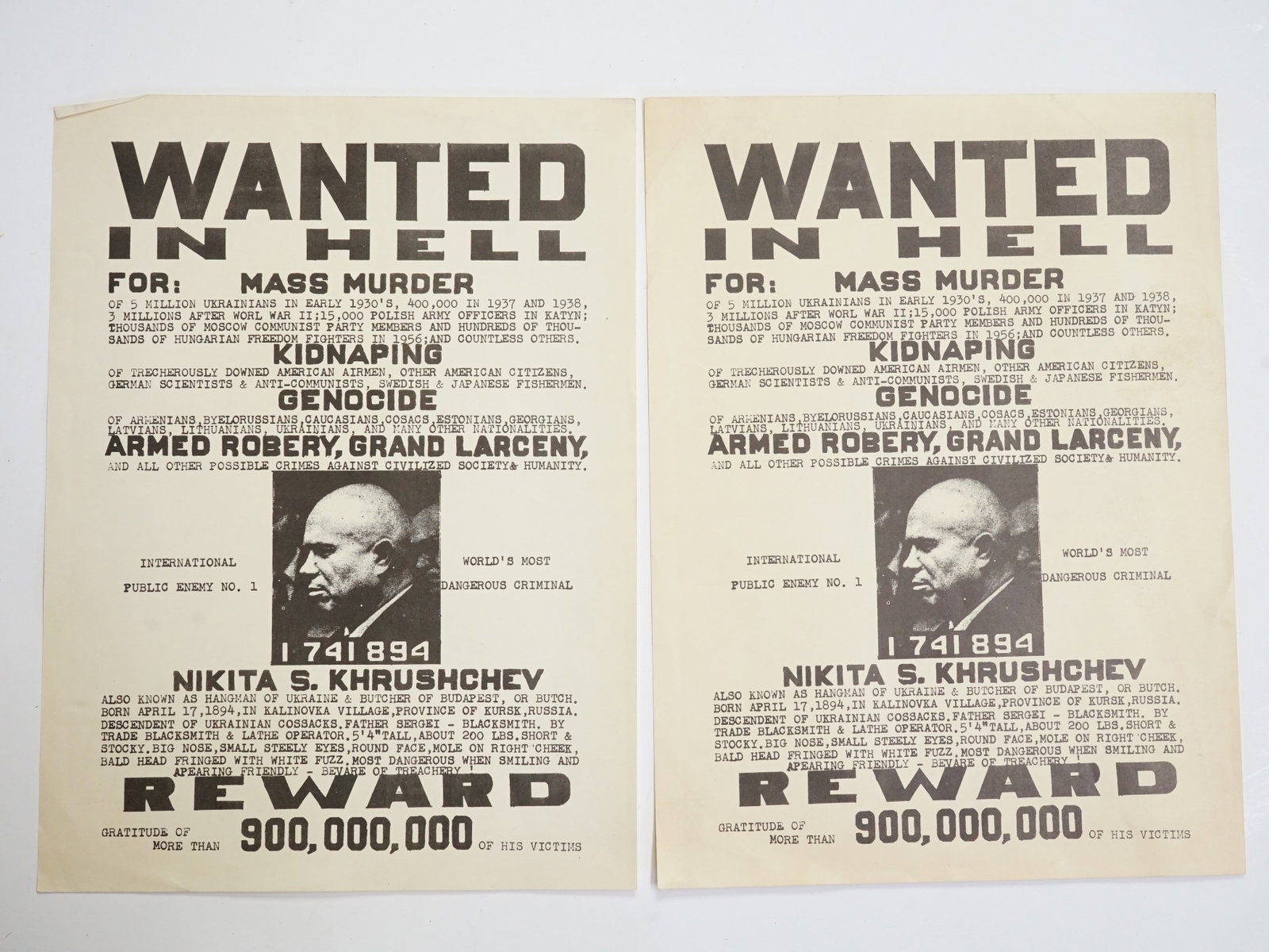 Lot of 2 "Wanted In Hell" Khrushchev Posters, 1950s.: Approximate size:8x10.5 in Shipping: We offer in-house shipping services for most small items. This means that we will take care of packing and shipping the items directly to you. For larger or specia