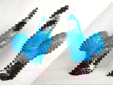 Pair of Chinese Turquoise-and Aubergine-Glazed Porecelain Roosters,20th Century