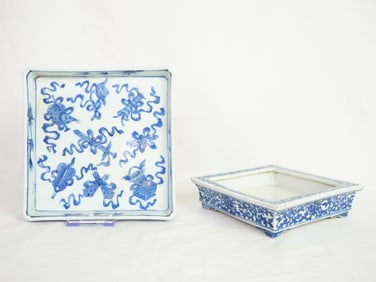 Chinese Blue and White Square Dish and Narcissus Tray