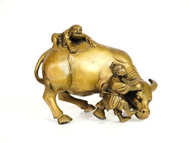Chinese Bronze Figure of Two Boys With An Ox,Republic Period