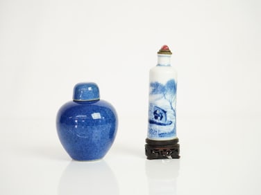Small Chinese Powder-Blue Glazed Jar and Blue and White Snuff Bottle