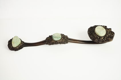 Chinese Hardwood Ruyi Sceptre Inlaid With White Jadeite