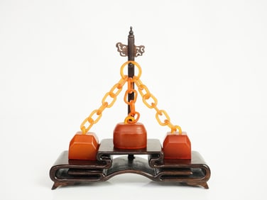Chinese Carved Tianhuang Chain Seals With Wood Stand