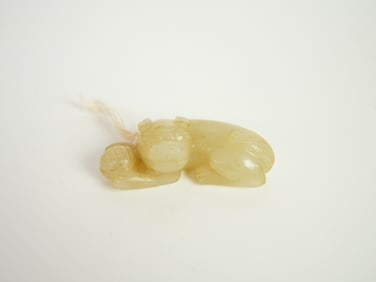 Chinese White Jade Carving of A Mythical Beast With Ball