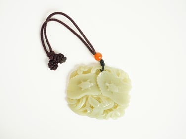 Chinese Carved Jade 'Lotus and Turtle'Pendant 