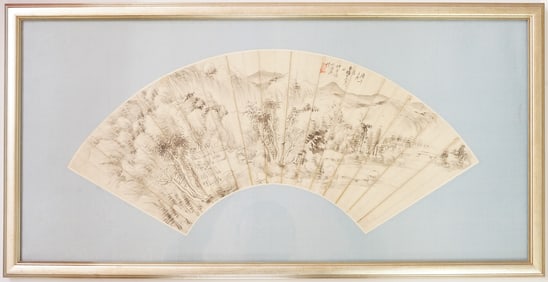 Chinese Fan Painting With Frame,Ink on Paper,Republic Period