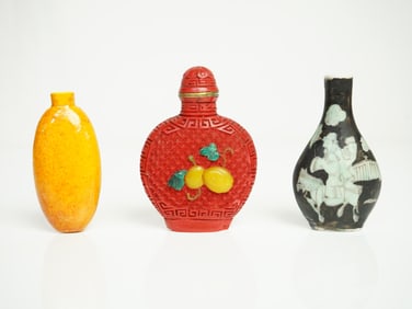 Lot of 3 Chinese Cinnabar Snuff Bottle and Porcelain Snuff Bottles,Qing Dynasty