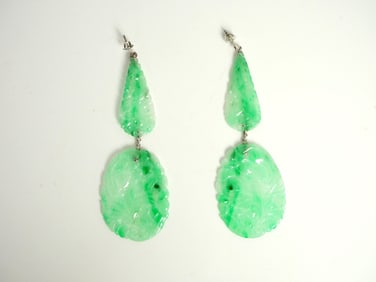 Pair of Chinese Carved Jadeite Earrings,Qing Dynasty