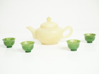 Chinese Carved Jade Teapot and 4 Teacups,Qing Dynasty