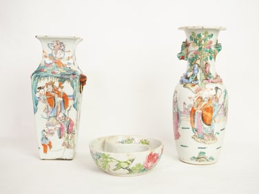 Lot of 3 Chinese Famille Rose Porcelain Vases and Palette Ink Bowl,19th/20th Century