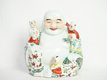 Chinese Famille Rose Figure of A Seated Laughing Buddha With Five Children,Republic Period