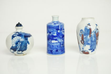 Group of 3 Chinese Blue and White 'Figural' Snuff Bottles,Qing Dynasty