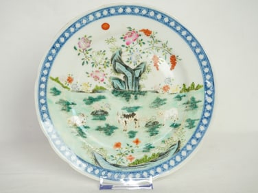 Chinese Famille-Rose and Underglaze-Blue 'Three Rams' Plate, 19th Century