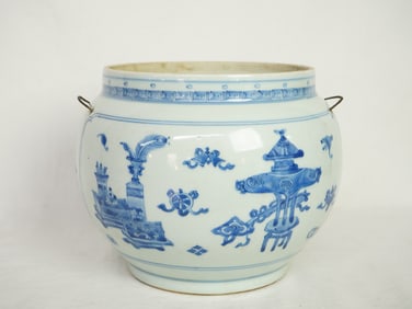 Chinese Blue and White 'Landscape' Cache Pot,Qing Dyansty