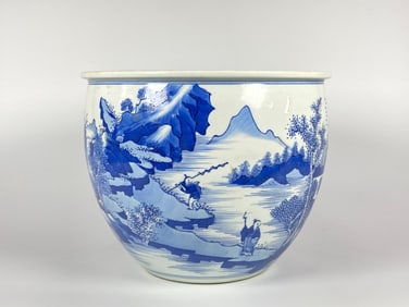 Chinese Blue and White 'Landscape' Jardinière,Qing Dynasty Kangxi Period