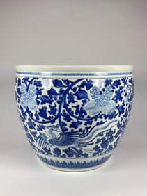 Chinese Blue and White 'Phoenix' Jardiniere,Qing Dynasty
