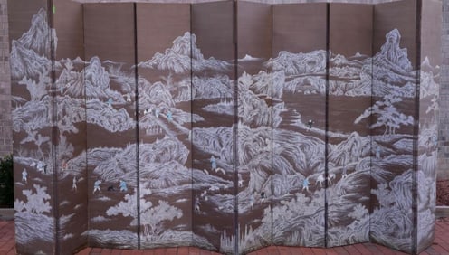 Very Large Chinese Painting on Silk Ten Panel Floor Screen 