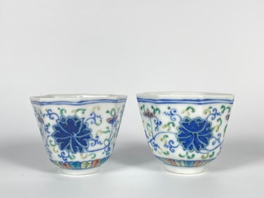 A Pair of Doucai 'Lotus Scroll' Cups