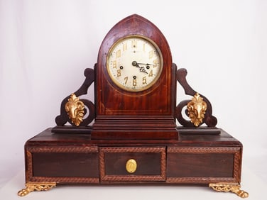 1920s New Haven Mantel Clock With Metal Decorations and Wood Drawer