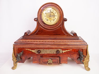 1882 Ansonia Co Mantel Clock With Metal Decorations and Wood Drawer