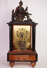 19th Century English Mantel Clock With Metal Decorations and Wood Drawer