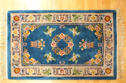 Vintage Chinese Wool Floral Rug With Blue Background
