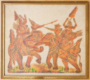 Vintage Polychrome Thai Temple Rubbing on Rice Paper