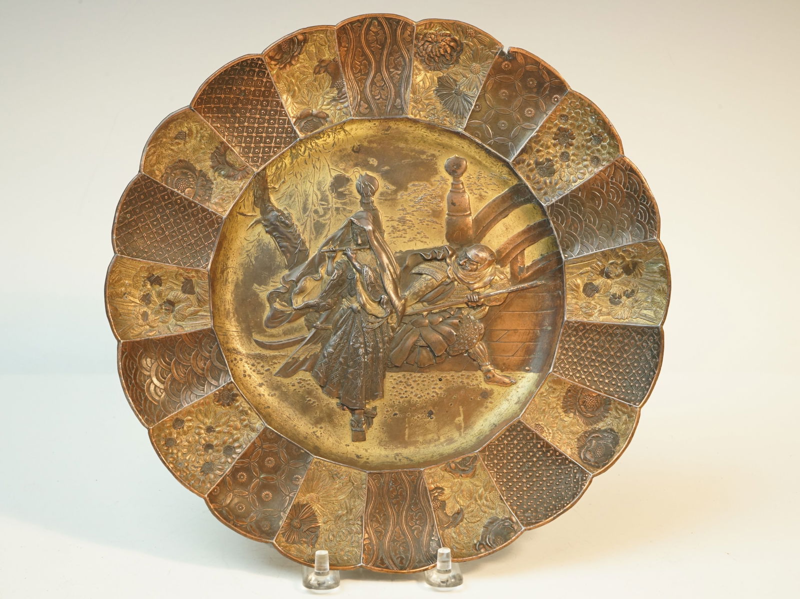 Meiji Japanese Parcel Gilt Repousse Metal Plate Depicting Samurai (1 of 4)