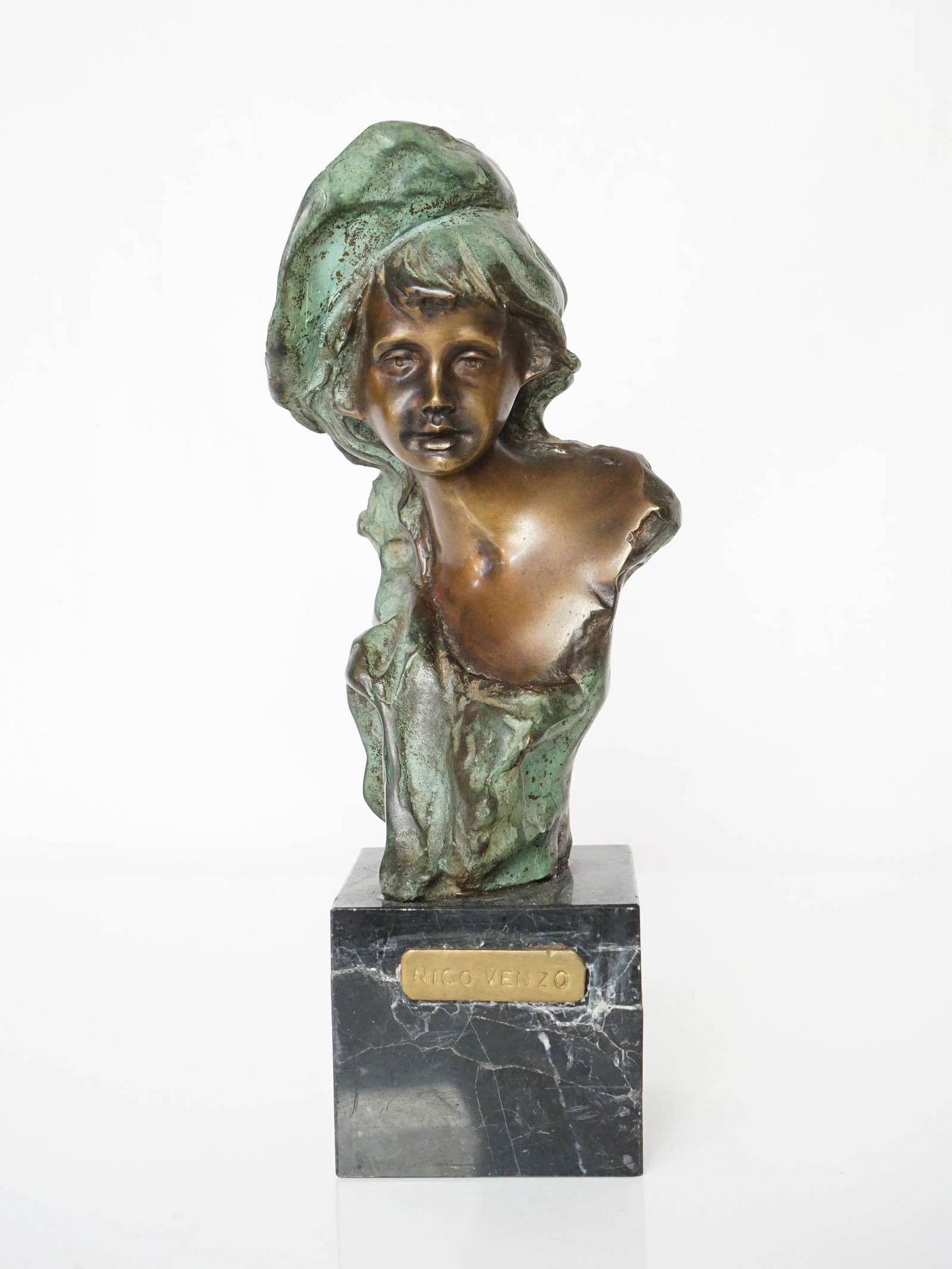 Nico Venzo (Italian-B.1938) Bronze Bust of A Lady With Hat On Marble Base (1 of 6)
