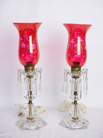 Pair of Glass Cranberry Hurricane Lamps with Prisms