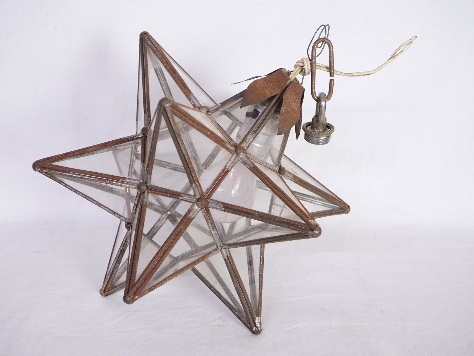 Vintage Glass and Metal Hanging Star Lamp: Approximate size: 12x12x12 in Shipping: We offer in-house shipping services for most small items. This means that we will take care of packing and shipping the items directly to you. For larger or spe