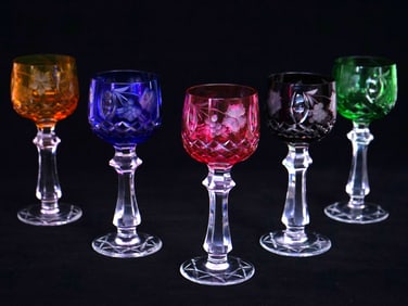 Set of 5 Vintage Multi Colored Bohemian Glass Stemware
