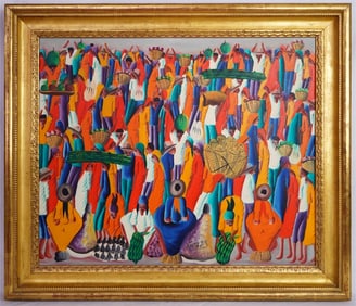 Fritz Joseph (Haitian,20th Century) Haitian Oil Painting on Board,Marketplace
