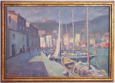1960s Artist Signed Oil on Canvas,Harbor
