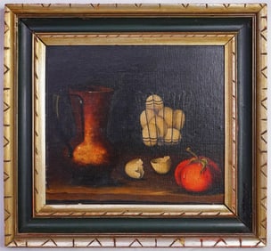 Vintage Oil on Board,Still Life with Pitcher and Eggs