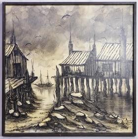 Vintage Artist Signed Painting on Canvas,Seascape Boat