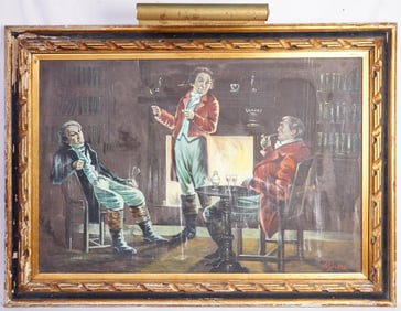 Vintage R. Novel Signed Oil on Canvas,Three Gentlemen