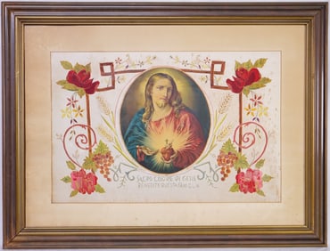 Vintage Sacred Heart of Jesus Print with Embroidered Floral Decoration