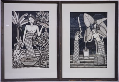 Lot of 2 Vintage Indonesian Hand-Painted Folk Art Paintings